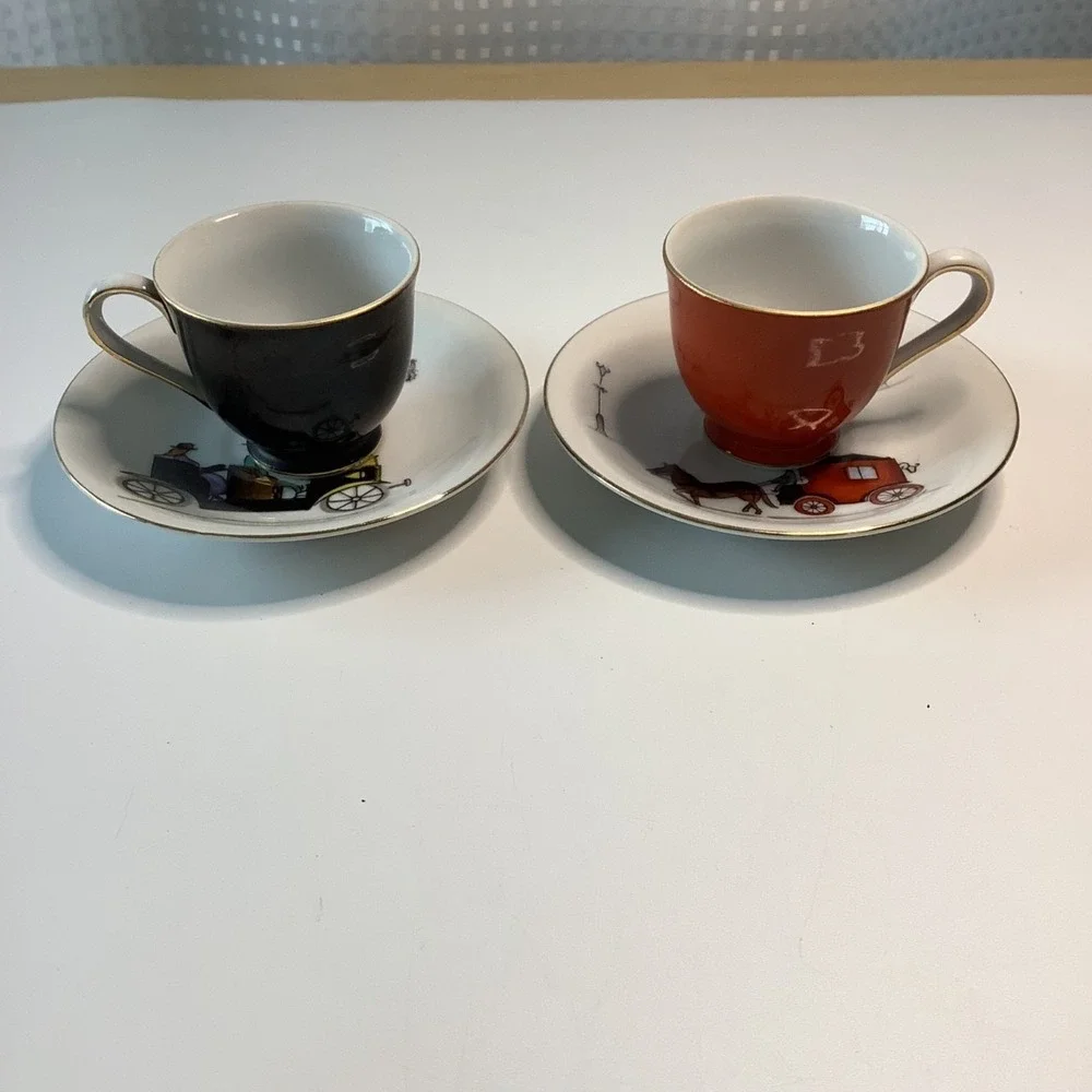 Ucagco Japan Ceramic Cup & Saucer‎ Horse Drawn Carriage Red & Black w/ Gold Rim